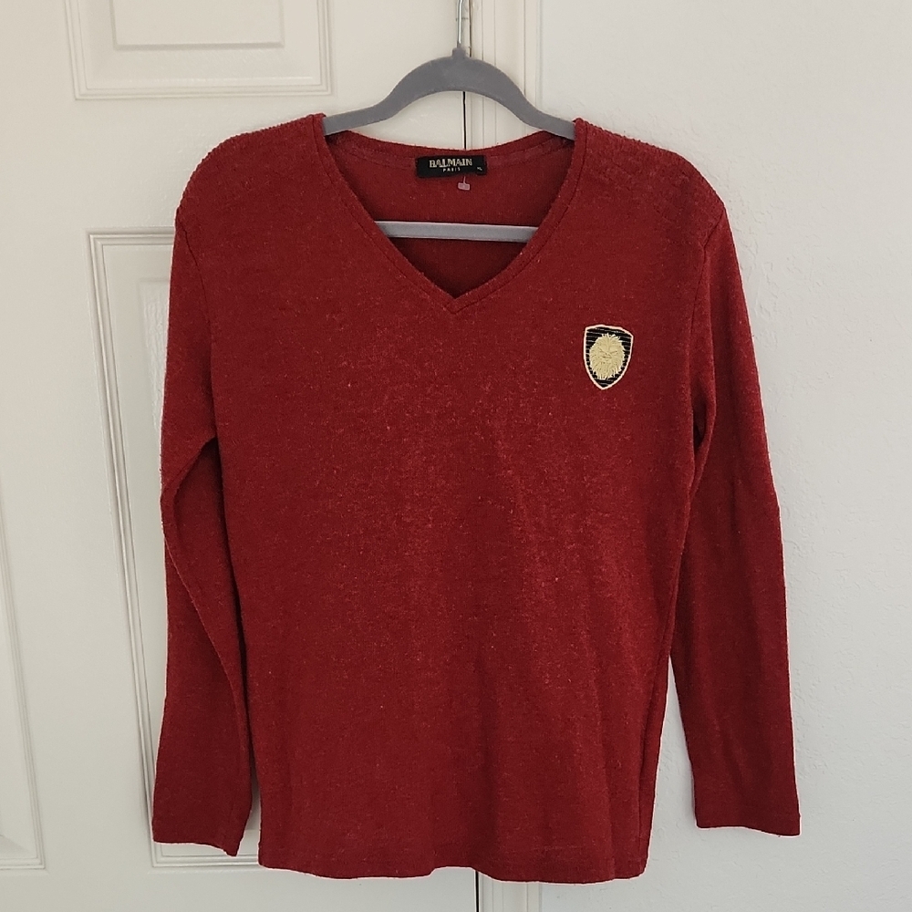 Balmain Paris Mens Red Cotton Sweater Size XL (Fits Smaller Medium)